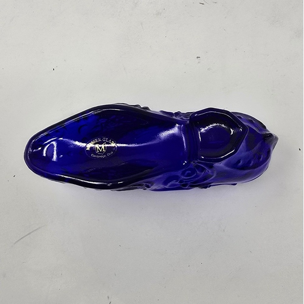Vtg Mosser Victorian style cobalt blue glass slipper pointed toe shoe whimsical - Picture 7 of 8